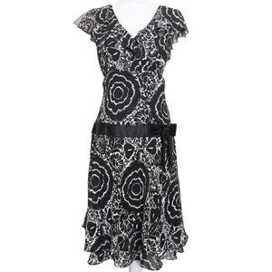 Bice Black White Floral Print Chiffon Dress Size 14 Dropped Waist Satin Sash Bow